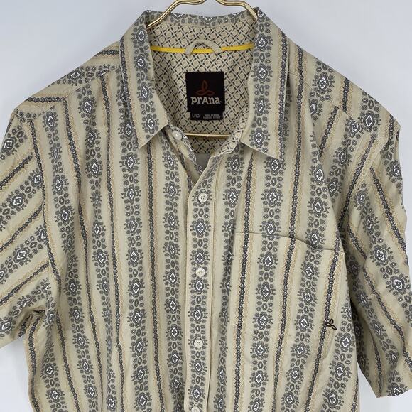 Prana Short Sleeve Button Up Shirt Green Pattern Men's Size L - Picture 3 of 7